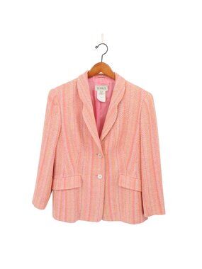 Feraud Herringbone Pink Orange Silk Wool Blend Old Money Blazer Jacket US 14